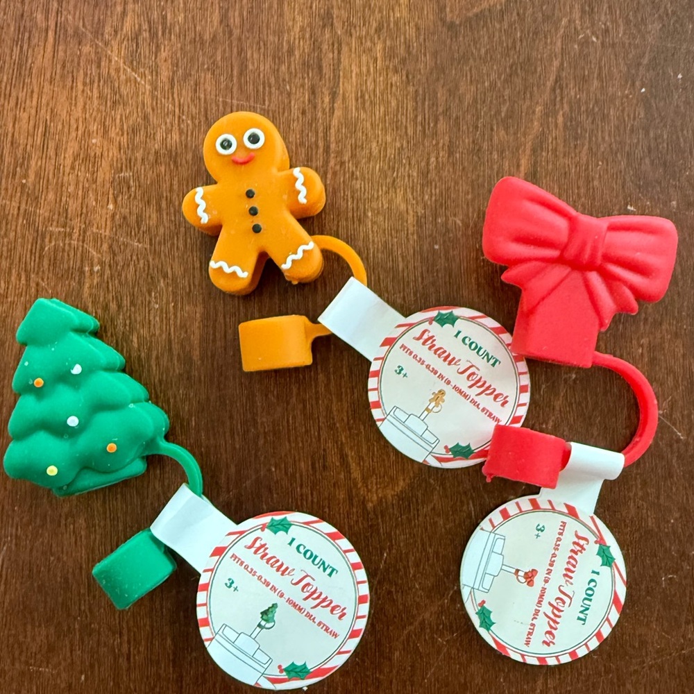 New! Target Straw Toppers Set of 3: Tree, Red Bow, & Gingerbread Man